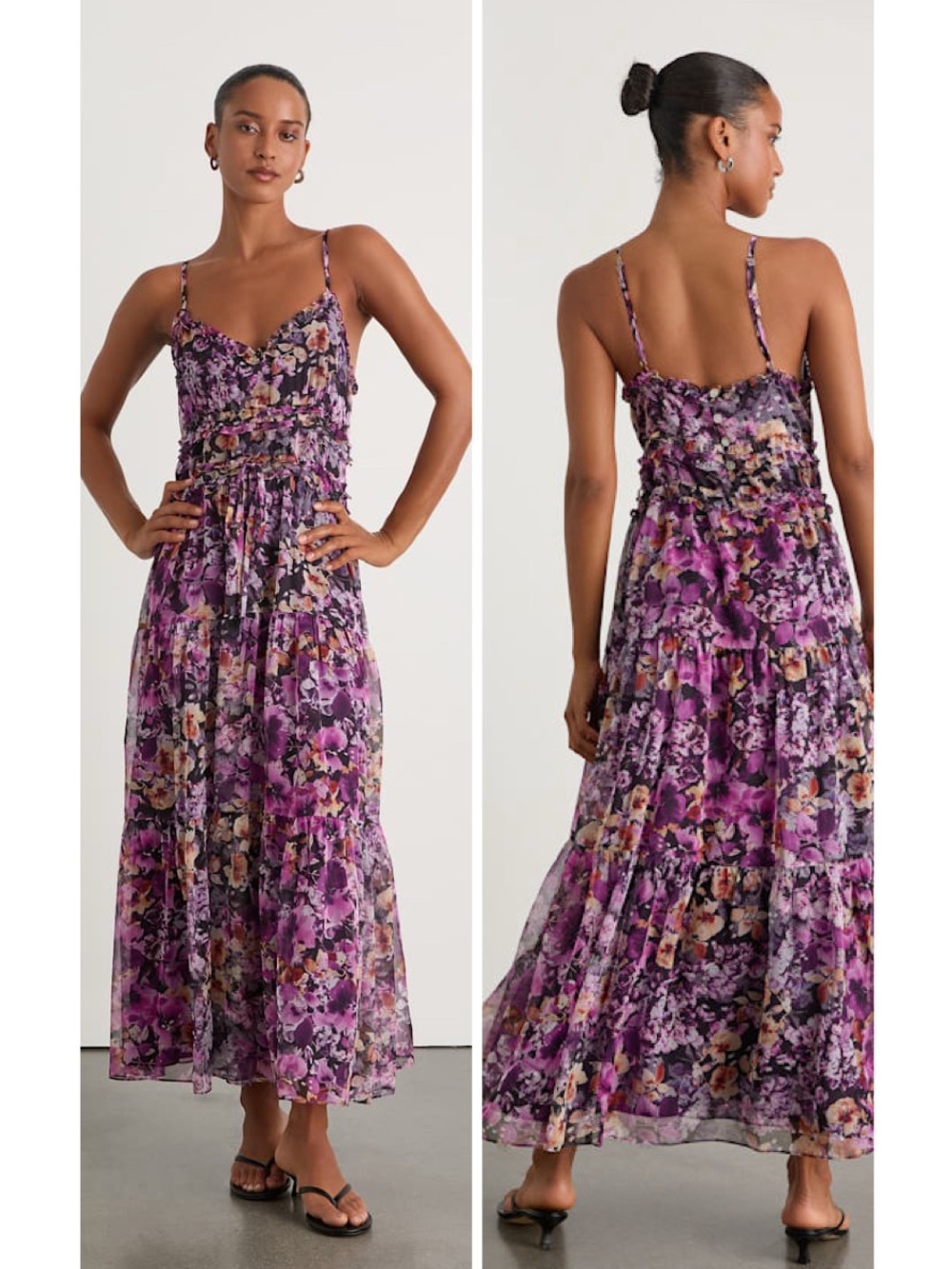 Lulus Dayah Purple Floral Ruffled Tiered Midi Dress Size Medium Sleeveless NWT